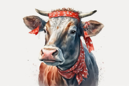 Portrait of a cow with a red bandana on a white background. Go to the Watercolor. Illustration. Template. Livestock. Generative AIの素材