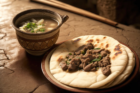 Pita Bread Soaked in Lamb Soup, xian China famous food. Generative AIの素材