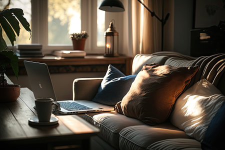 Sunlight illuminates living room workplace home office interior for comfort productive work, brown and blue colours. On wooden table laptop comfy couch with cushions on background, workday end concept. Generative AIの素材
