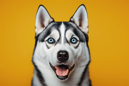 On a yellow background, a picture of a Siberian husky looking at the camera with its mouth open. Generative AIの素材