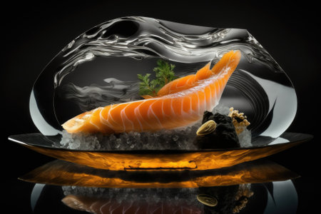 Salmon and mussel levitation sashimi on a black dish. on a dark, reflective background. Generative AIの素材