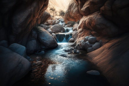 The natural pure water flowing out of the enormous mountain, surrounded by boulders, could be utilized as wallpaper or a background decoration. Generative AIの素材