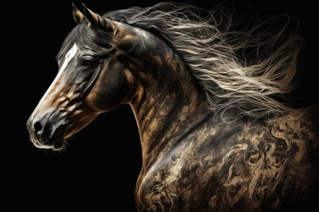 The horse is brown, and the background is black. Generative AIの素材