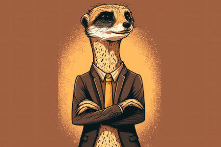 Portrait of adorable meerkat standing in proud pose. Front view of a dapper and elegant animal with a human body. Character from a cartoon, anime style,. Generative AIの素材