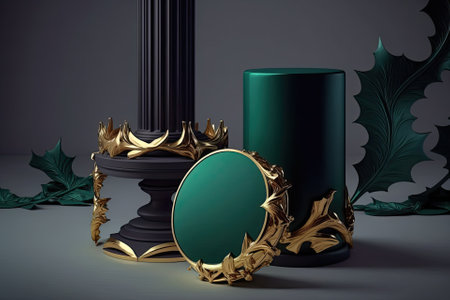 Round pedestals, a green cylinder, and gold decorations are an example. Sculptural arrangement for imaginative advertising Base for product promotion an empty podium. depiction of a luxurious dark ro. Generative AIの素材