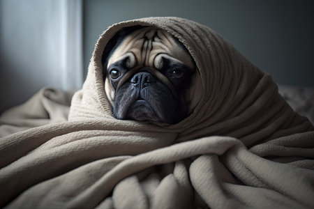 Sleepy sad pug in bed wrapped in blanket. Generative AIの素材