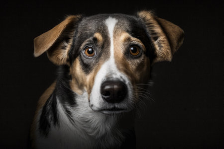 Portrait of a beautiful dog with a black background in the Studio shot. Funny pet select focus. Pet Lover concept . Pets indoors. Pet care and animals idea. view from the front. Generative AIの素材