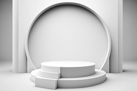 Presentation with a round podium in the top view and a white wall background. Generative AIの素材