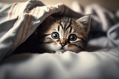 Portrait of cute little small animal pet domestic young kitten cat playing with fun on the bed at home, adorable striped tabby baby paw mammal fluffy feline kitty looking camera with curious eye. Generative AIの素材