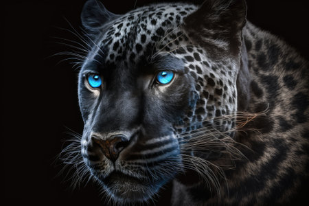 Portrait of a black leopard with a blue eye on a black background. Generative AIの素材