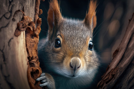 Squirrel on tree , close up portrait . Animal concept. Generative AIの素材