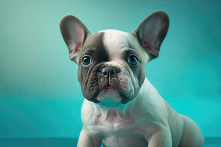 Sitting up, a cute French Bulldog puppy. Trying to look at the camera. Stands out against a turquoise background. Generative AIの素材