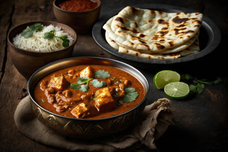 Popular North Indian lunch or dinner fare, Paneer Butter Masala or Cheese Cottage Curry, is served with Indian paratha, roti, or naan on a dark hardwood backdrop. Generative AIの素材