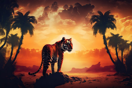 Tiger and a fantasy sunset in a jungle with a butterfly and a palm tree. Background of wildlife and a beautiful panthera tigris, amazing warm sun light, and a dramatic red cloudy sky. A picture of a w. Generative AIの素材