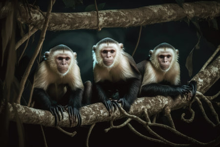 White headed Capuchin, Cebus capucinus, black monkeys sitting on a tree branch in the dark tropical forest, animals in their natural habitat, wildlife of Costa Rica. Generative AIの素材
