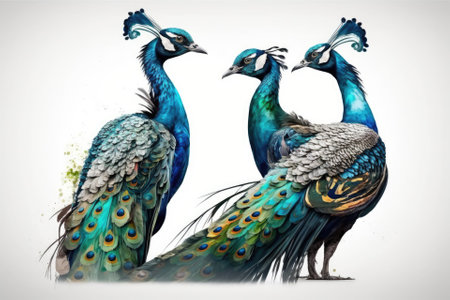 There are two peacocks on a white background. Generative AIの素材