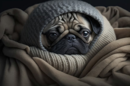 Sleepy sad pug in bed wrapped in blanket. Generative AIの素材