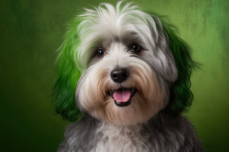 Portrait of a funny and happy dog with a smile on a green background in the Studio of a cute and sweet baby Havanese dog looking at the camera. Generative AIの素材