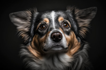 Studio shot of beautiful dog portrait on black background. Cute pet selective focus. Pet Lover concept . Pets indoors. Animals and pet care concept. Look at it from the front. Generative AIの素材