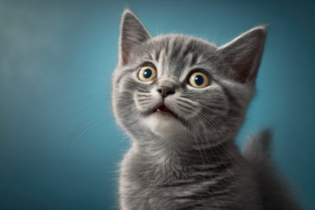 Portrait of a funny gray kitten with a blue background that winks. Generative AIの素材