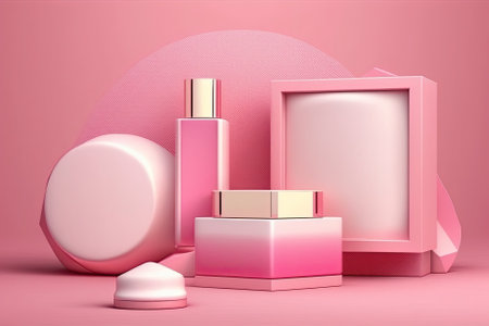 Pink abstract background with a white basis. Scene for advertisements for cosmetic products, a display case, a presentation, a website, a banner, and clothing. Illustration. Display of products. Generative AIの素材
