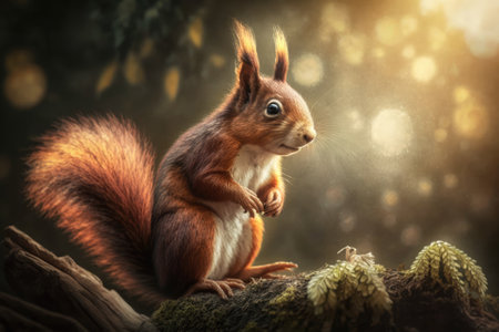 Squirrel, Sciurus vulgaris, looking around while sitting on tree Squirrel on a mossy tree as the sun goes down. Sitting on a tree in the forest is a red squirrel. Beautiful squirrels. Animal living in. Generative AIの素材