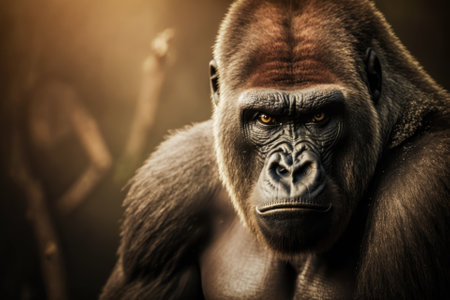 Silverback male gorilla portrait on a light brown blur background. The great ape, the most dangerous and largest monkey in the world, has a serious look on its face. The leader of a family of gorillas. Generative AIの素材