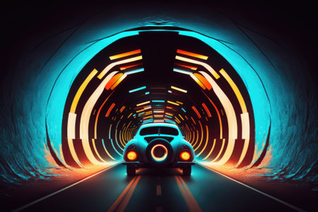 The vehicle travels quickly through a neon technological tunnel that never ends. Imagination of the future. Generative AIの素材