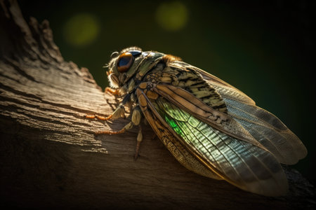 The sun shone on the wings of the cicada as it rested on a tree trunk. Light and green surroundings. Macroscopic photography. Generative AIの素材
