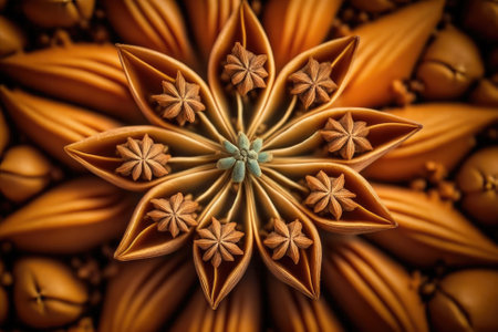 Top view closeup macro on fragrant spice anise, horizontal format. Generative AIの素材