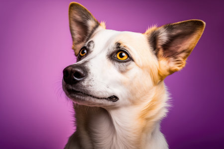 Studio shot of a portrait of a beautiful dog against a purple background. Cute pet selective attention. Pet Lover concept . Pets indoors. Care for pets and ideas about animals. From the front. Generative AIの素材