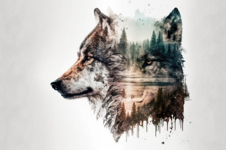 The double exposure of the wolf face on a white background. Generative AIの素材