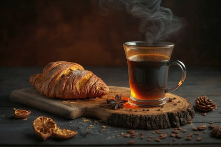 On a wooden board on a transparent concrete table, there is a steaming black coffee and a crisp croissant with almond filling. filling breakfast. Generative AIの素材