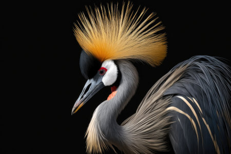 The Grey crowned crane, Balearica regulorum, is an African bird with a crown of stiff golden feathers. This close up picture shows the bird looking to the right. It is isolated on a black background. . Generative AIの素材