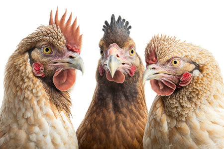 Three chickens in a portrait on a white background. Generative AIの素材