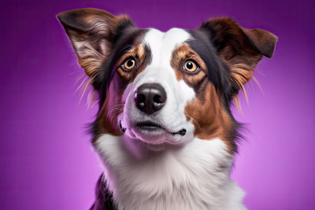 Studio shot of a portrait of a beautiful dog on a purple background. Focus on a funny pet. Pet Lover concept . Pets indoors. Pet care and the idea of animals. point of view from the front. Generative AIの素材