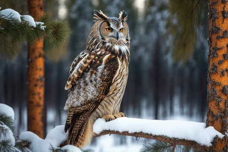 The Siberian Eagle Owl, Bubo bubo sibiricus, is sitting in a birch tree with snow in the forest. Winter scene in the taiga with a big eastern owl. Russia wildlife. Generative AIの素材