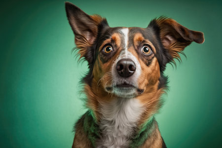 Studio shot of a portrait of a beautiful dog on a green background. Focus on a funny pet. Pet Lover concept . Pets indoors. Pet care and the idea of animals. point of view from the front. dog studio . Generative AIの素材