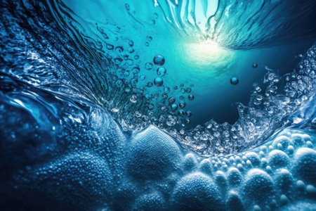 Surface texture of transparent, clear, blue water with bubbles, splashes, and ripples. background with abstract nature Sunlight causes water to wave. a micellar toner emulsion for cosmetic moisturizat. Generative AIの素材