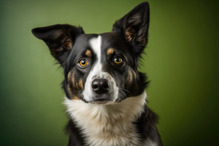 Studio shot of beautiful dog portrait on green background. Cute pet selective focus. Pet Lover concept . Pets indoors. Animals and pet care concept. Look at it from the front. dog studio . Generative AIの素材