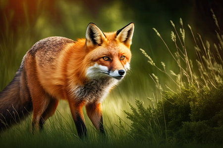 Vulpes vulpes, a red fox, is on the hunt. This is a scene of European wildlife. Animal in the wild with an orange fur coat. Fox on the green meadow in the forest. Generative AIの素材