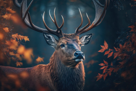 Portrait of a majestic, strong adult red deer stag in a forest in the fall. Generative AIの素材