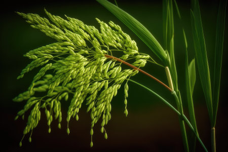 The rice plant with the green ears of rice is growing. Generative AIの素材