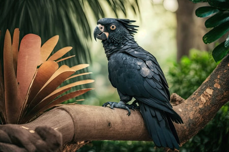 Sitting on a branch is a black palm cockatoo. Park with tropical birds. Nature and environment concept. Layout on the side. Bali, Indonesia. Generative AIの素材