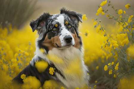 The Australian shepherd in the yellow flowers. Generative AIの素材