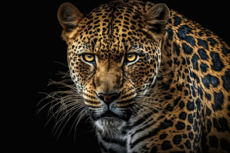 Wild leopard looking angry on a black background. Generative AIの素材