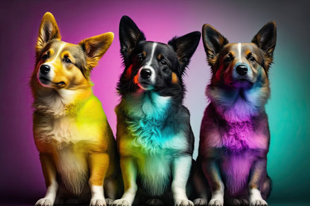 Young dogs are posing. Cute dogs or other pets look happy when they are on a colorful or gradient background by themselves. Studio pictures. Different kinds of dogs put together in a creative way. Adv. Generative AIの素材