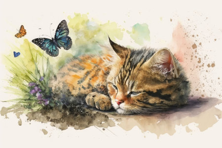The nose has a cat and a butterfly. Adorable kitten sleeping with bug. Home pet. Painting with watercolors. Generative AIの素材