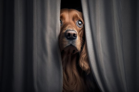 The dog is afraid to go outside, so it is hiding behind the curtains. The idea that dogs get scared of storms, fireworks, and loud noises. pets and mental health, being too emotional, and feeling unsa. Generative AIの素材
