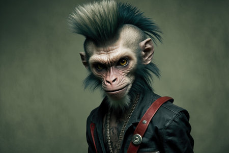 This is a picture of a punk monkey. Monkey who plays rock music. A punk monkey with a hipster haircut. Generative AIの素材